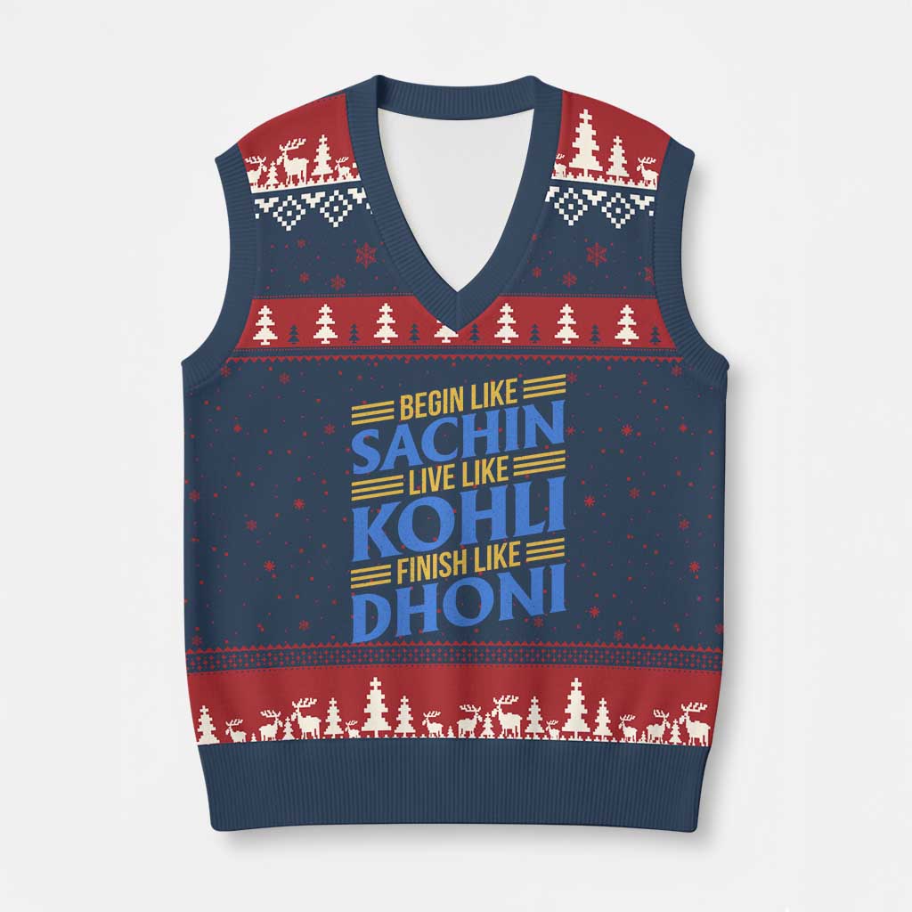 Indian Cricket V-Neck Knit Sweater Vest Begin Like Sachin Live Like Kohli Finish Like Dhoni