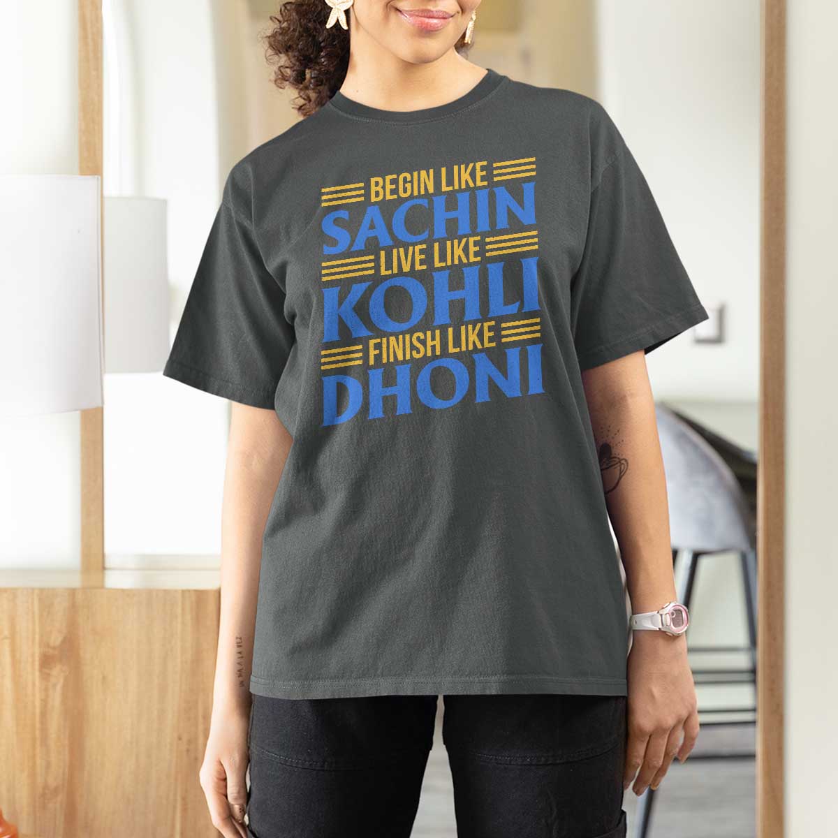 Indian Cricket T Shirt For Women Begin Like Sachin Live Like Kohli Finish Like Dhoni