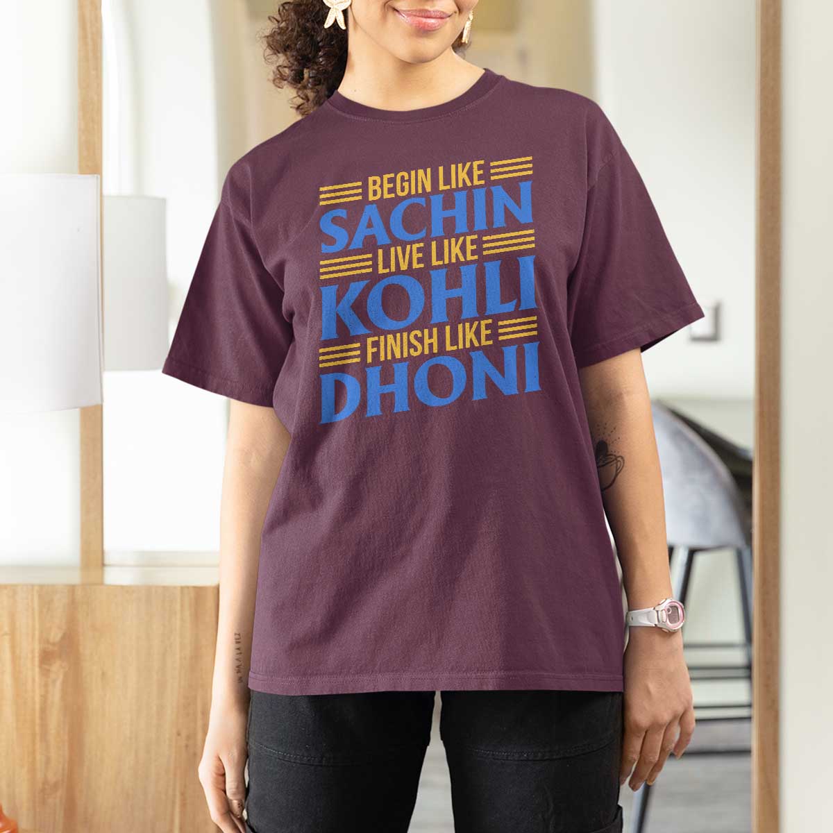 Indian Cricket T Shirt For Women Begin Like Sachin Live Like Kohli Finish Like Dhoni