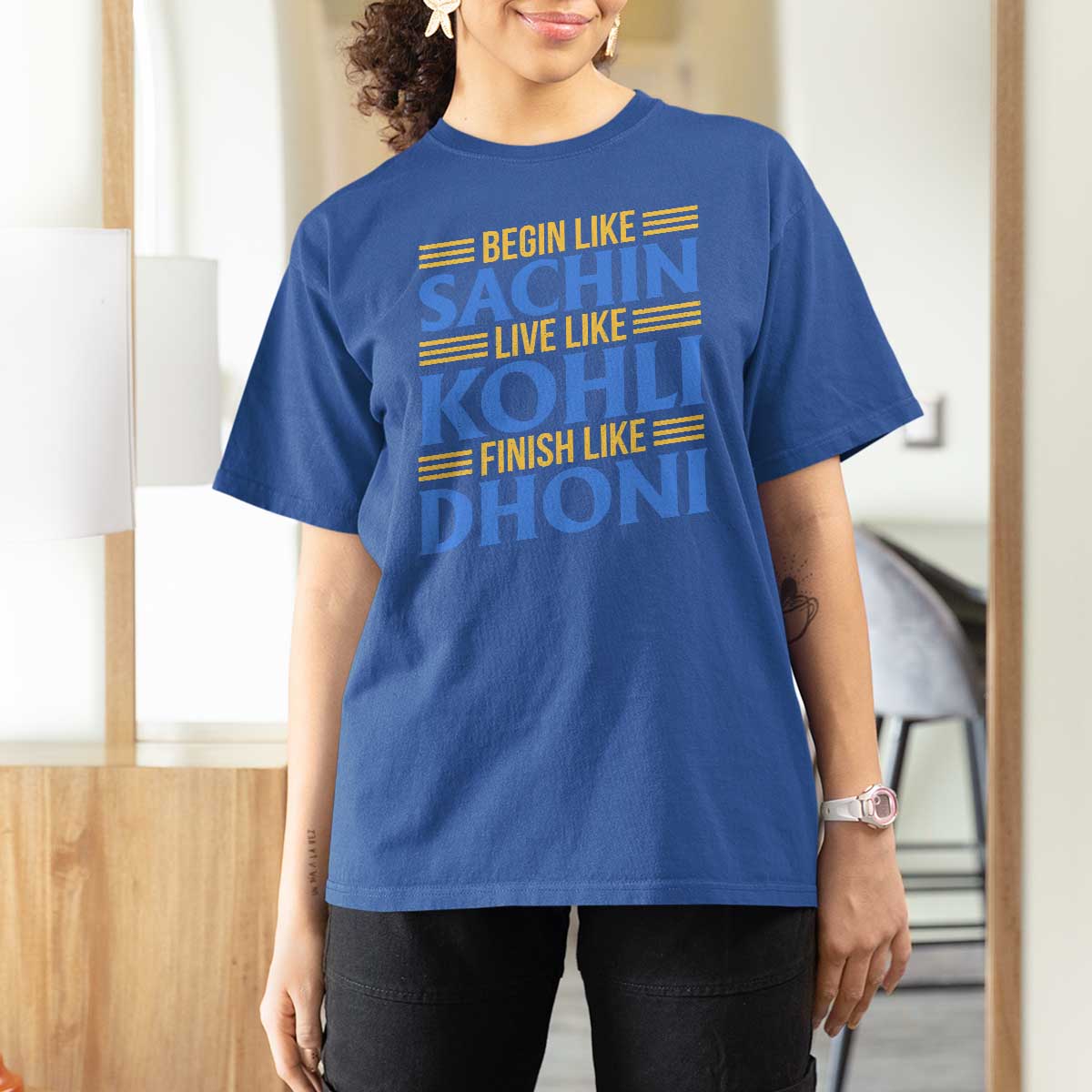 Indian Cricket T Shirt For Women Begin Like Sachin Live Like Kohli Finish Like Dhoni