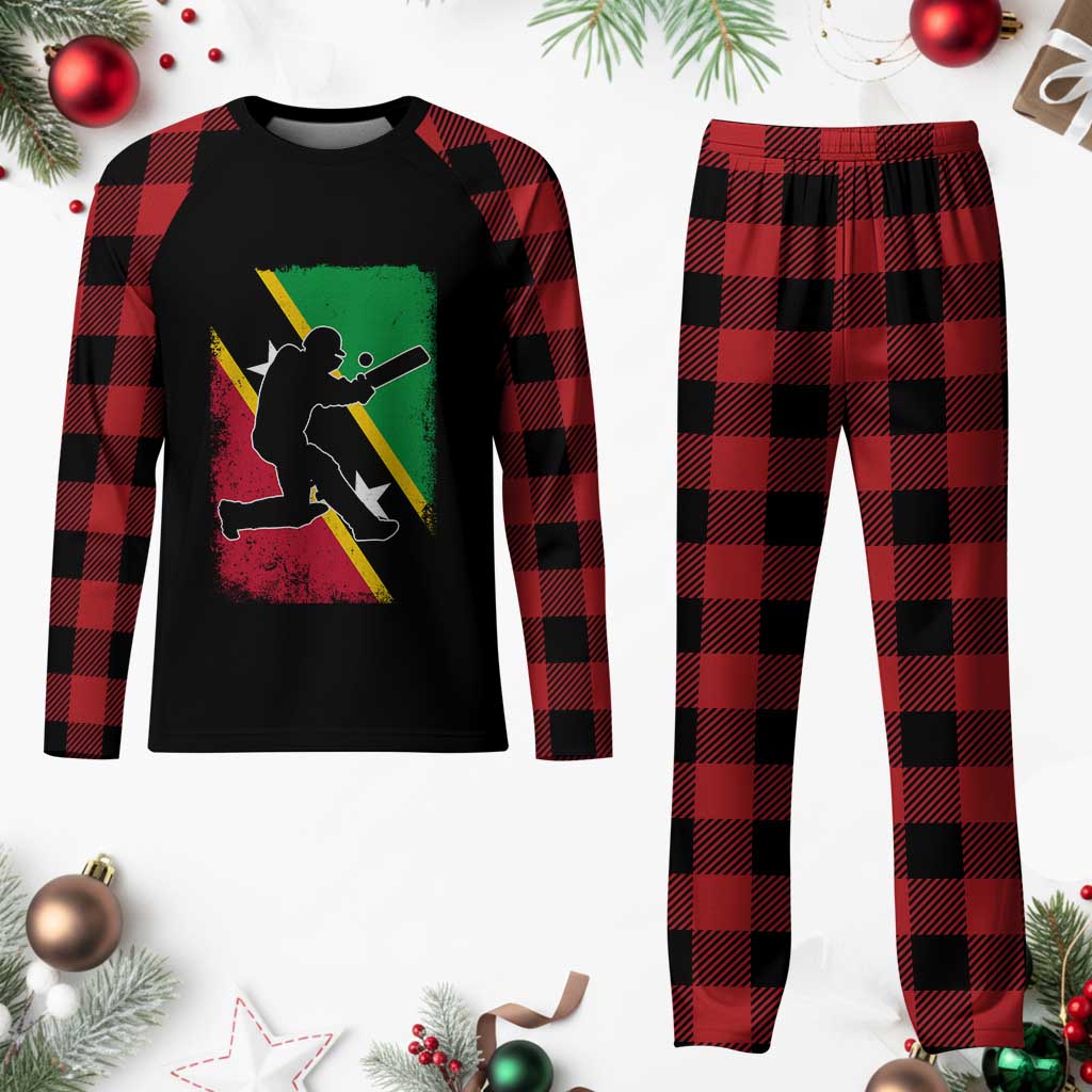 Saint Kitts and Nevis Cricket Plaid Pajama Set Retro Vintage Sport Kittitian Flag West Indies Cricket Fan