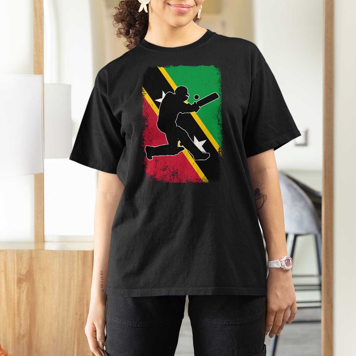 Saint Kitts and Nevis Cricket T Shirt For Women Retro Vintage Sport Kittitian Flag West Indies Cricket Fan