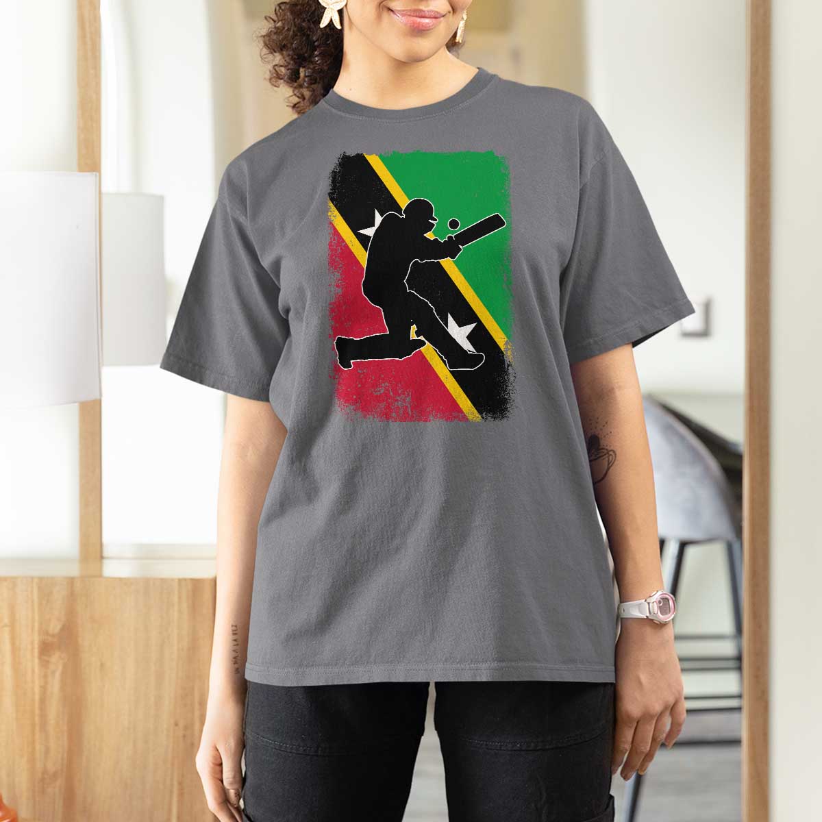 Saint Kitts and Nevis Cricket T Shirt For Women Retro Vintage Sport Kittitian Flag West Indies Cricket Fan