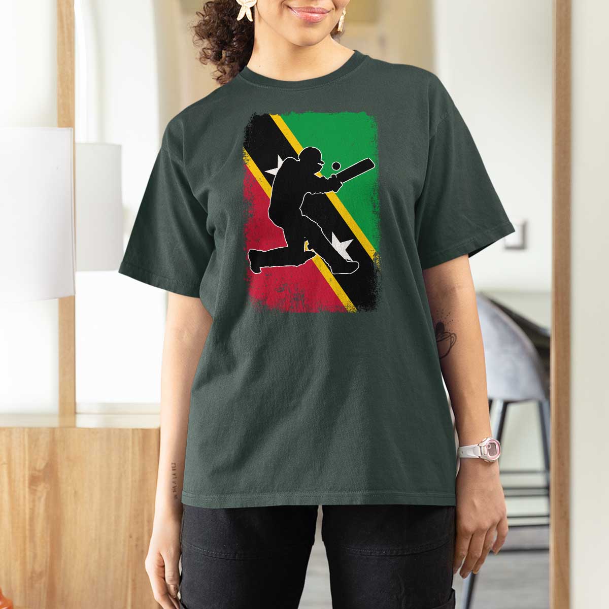 Saint Kitts and Nevis Cricket T Shirt For Women Retro Vintage Sport Kittitian Flag West Indies Cricket Fan