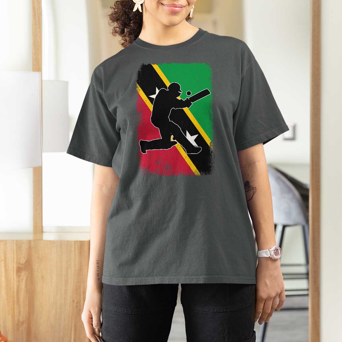 Saint Kitts and Nevis Cricket T Shirt For Women Retro Vintage Sport Kittitian Flag West Indies Cricket Fan
