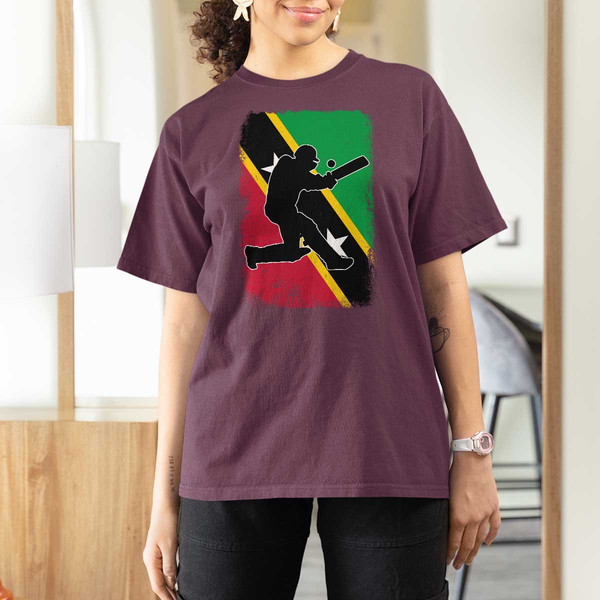 Saint Kitts and Nevis Cricket T Shirt For Women Retro Vintage Sport Kittitian Flag West Indies Cricket Fan