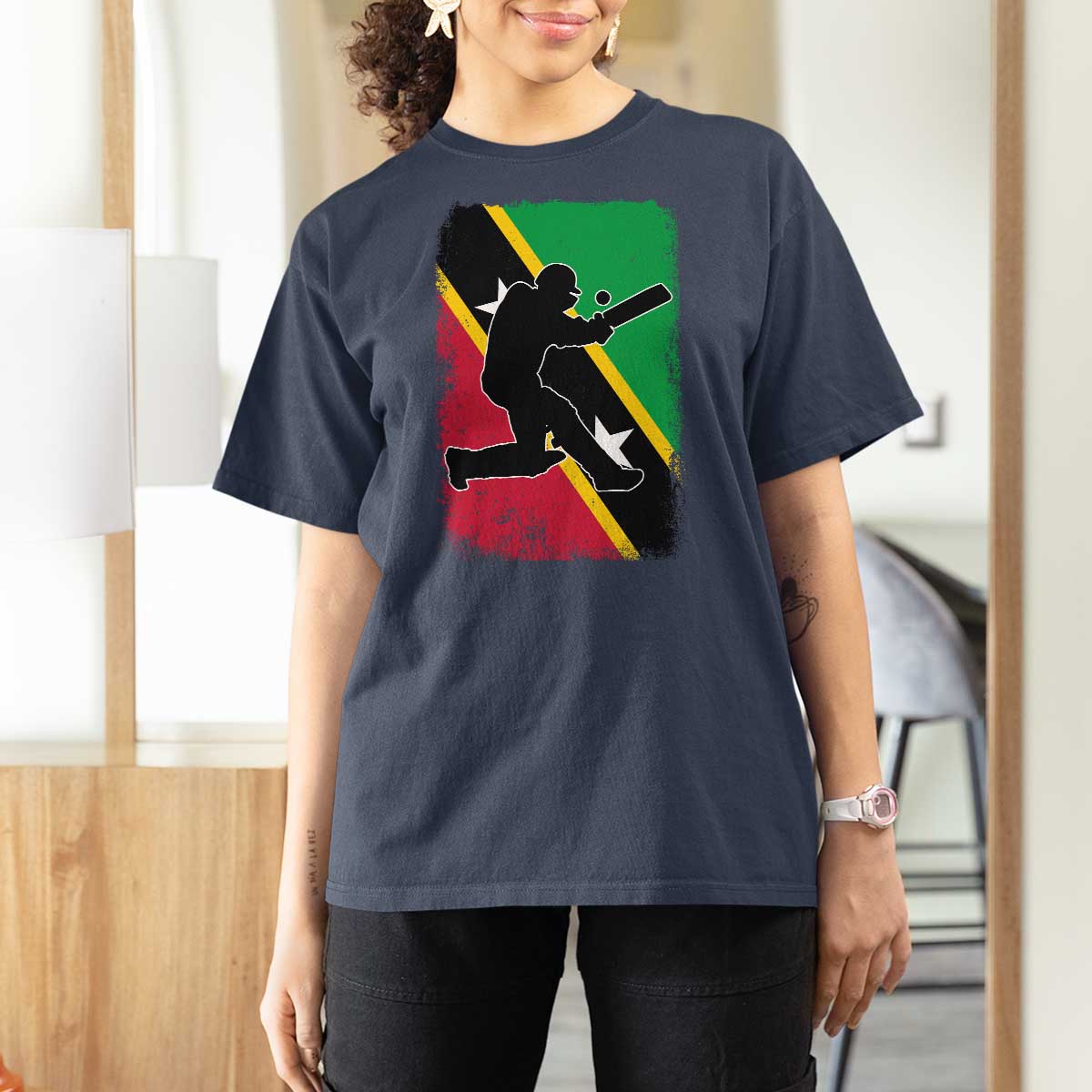 Saint Kitts and Nevis Cricket T Shirt For Women Retro Vintage Sport Kittitian Flag West Indies Cricket Fan