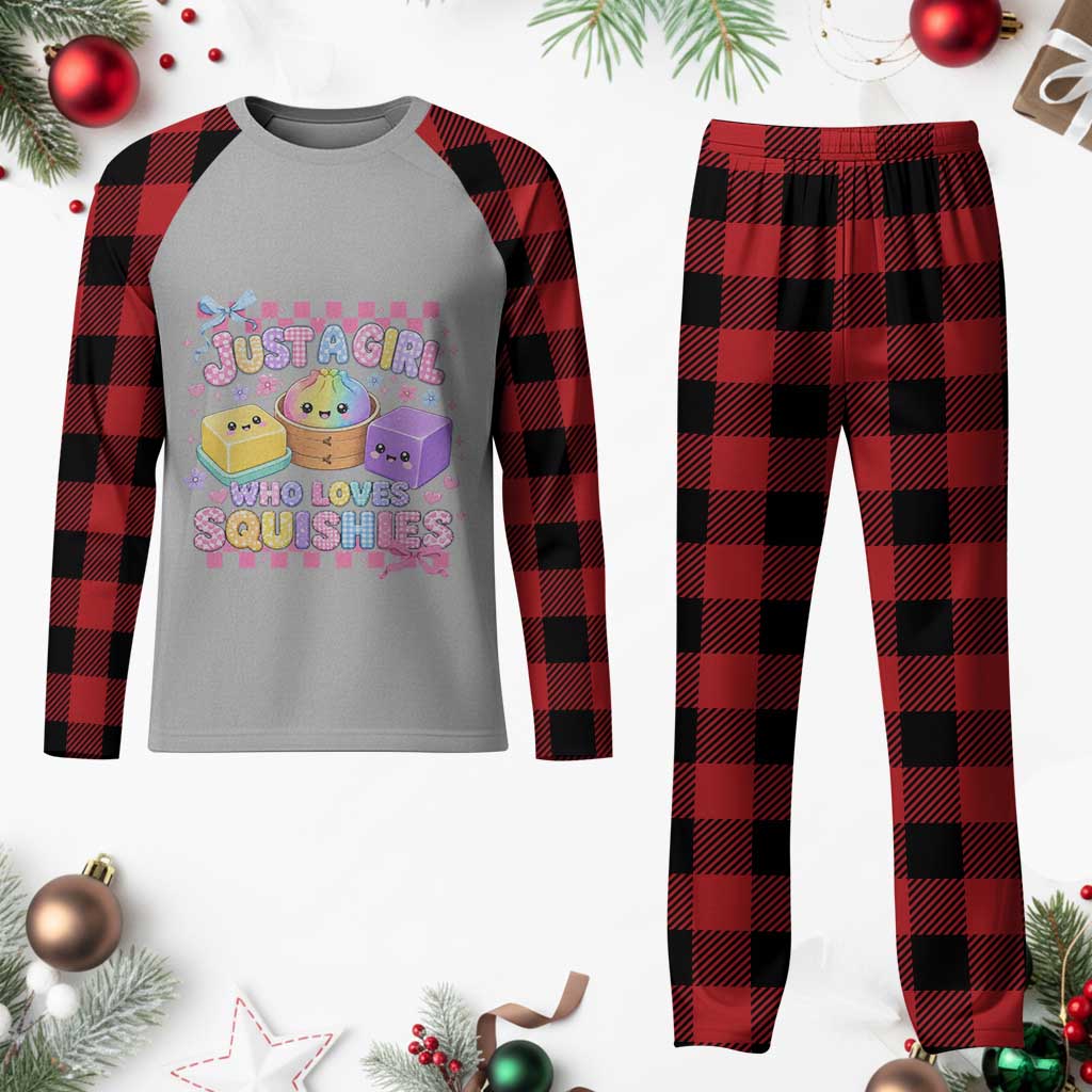 Just A Girl Who Loves Squishies Plaid Pajama Set Cute Kawaii Dumpling Graphic Coquette Bow Girls
