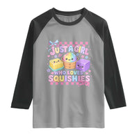 Just A Girl Who Loves Squishies Raglan Shirt Cute Kawaii Dumpling Graphic Coquette Bow Girls