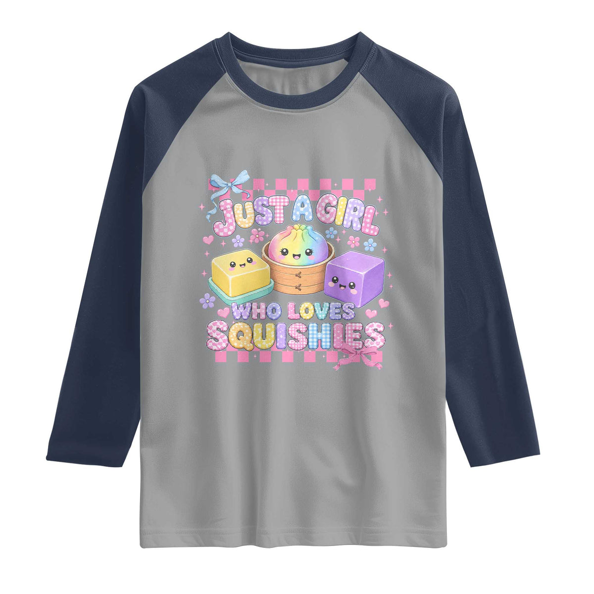 Just A Girl Who Loves Squishies Raglan Shirt Cute Kawaii Dumpling Graphic Coquette Bow Girls