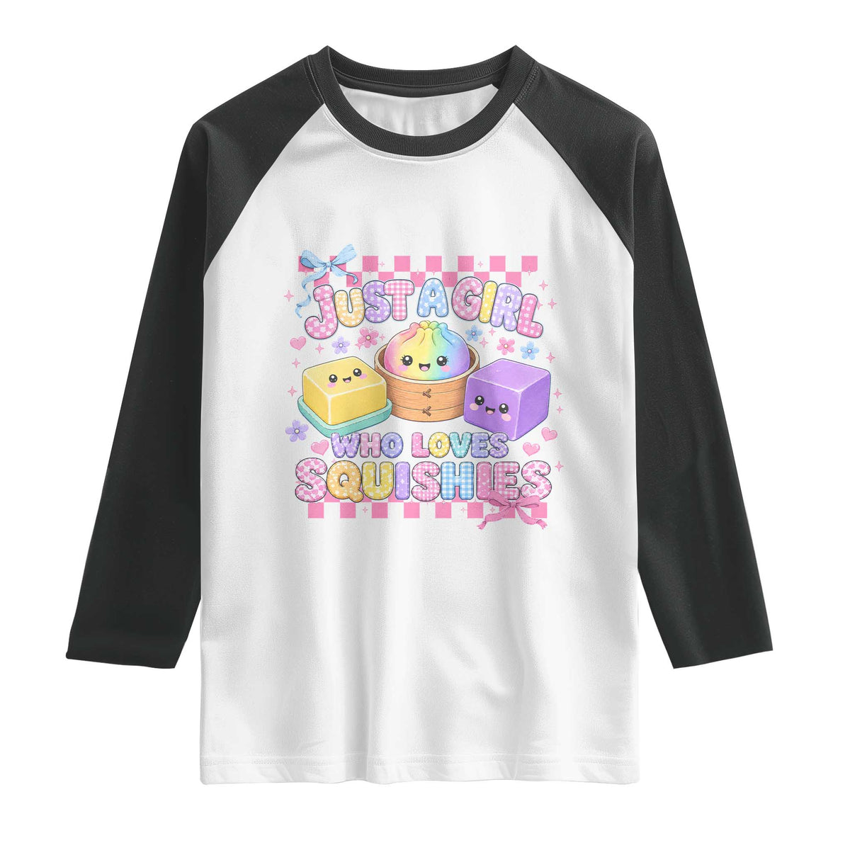 Just A Girl Who Loves Squishies Raglan Shirt Cute Kawaii Dumpling Graphic Coquette Bow Girls