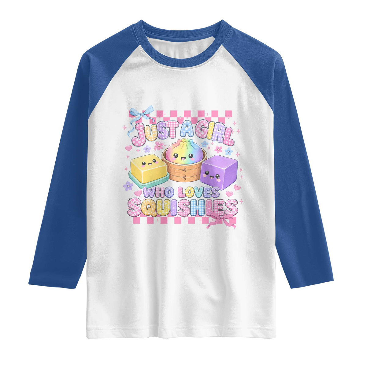 Just A Girl Who Loves Squishies Raglan Shirt Cute Kawaii Dumpling Graphic Coquette Bow Girls