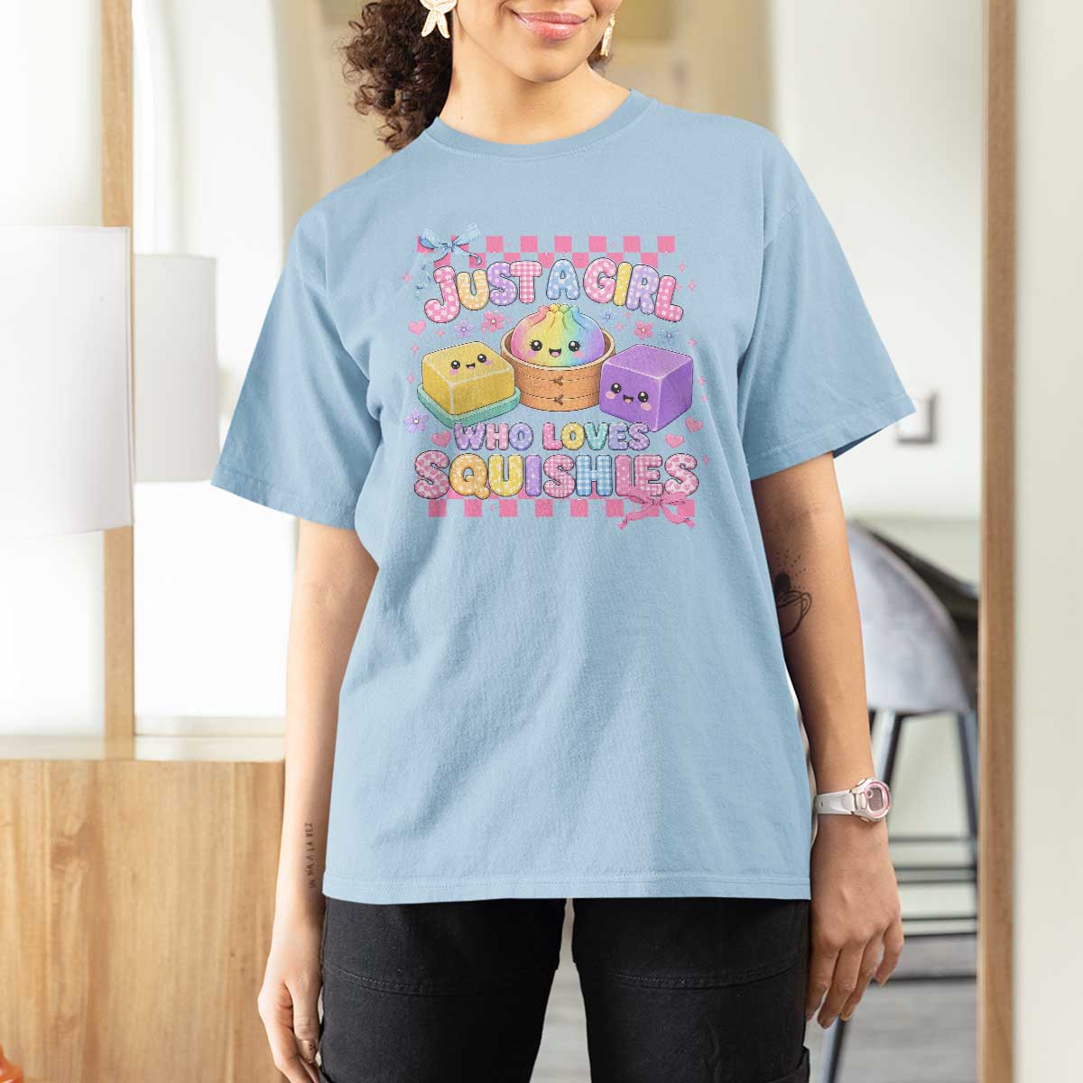 Just A Girl Who Loves Squishies T Shirt For Women Cute Kawaii Dumpling Graphic Coquette Bow Girls
