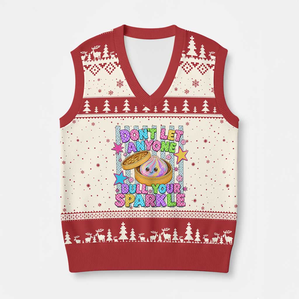 Squishy Lovers V-Neck Knit Sweater Vest Dont Let Anyone Dull Your Sparkle Cute Rainbow Dumpling Graphic