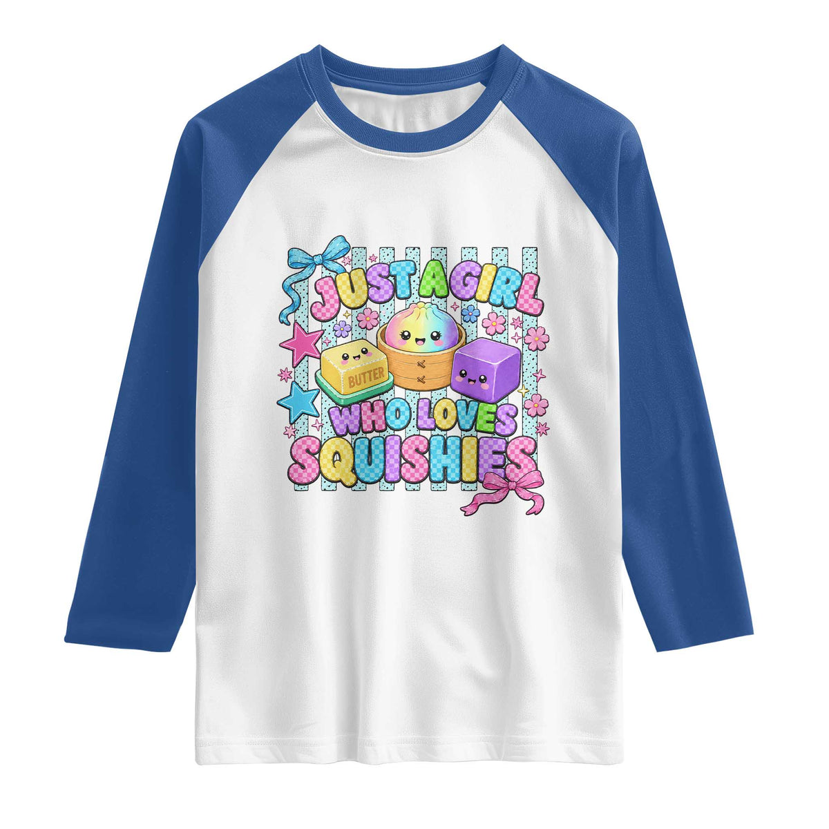 Just A Girl Who Loves Squishies Raglan Shirt Cute Butter Dumpling Graphic Coquette Bow Girls