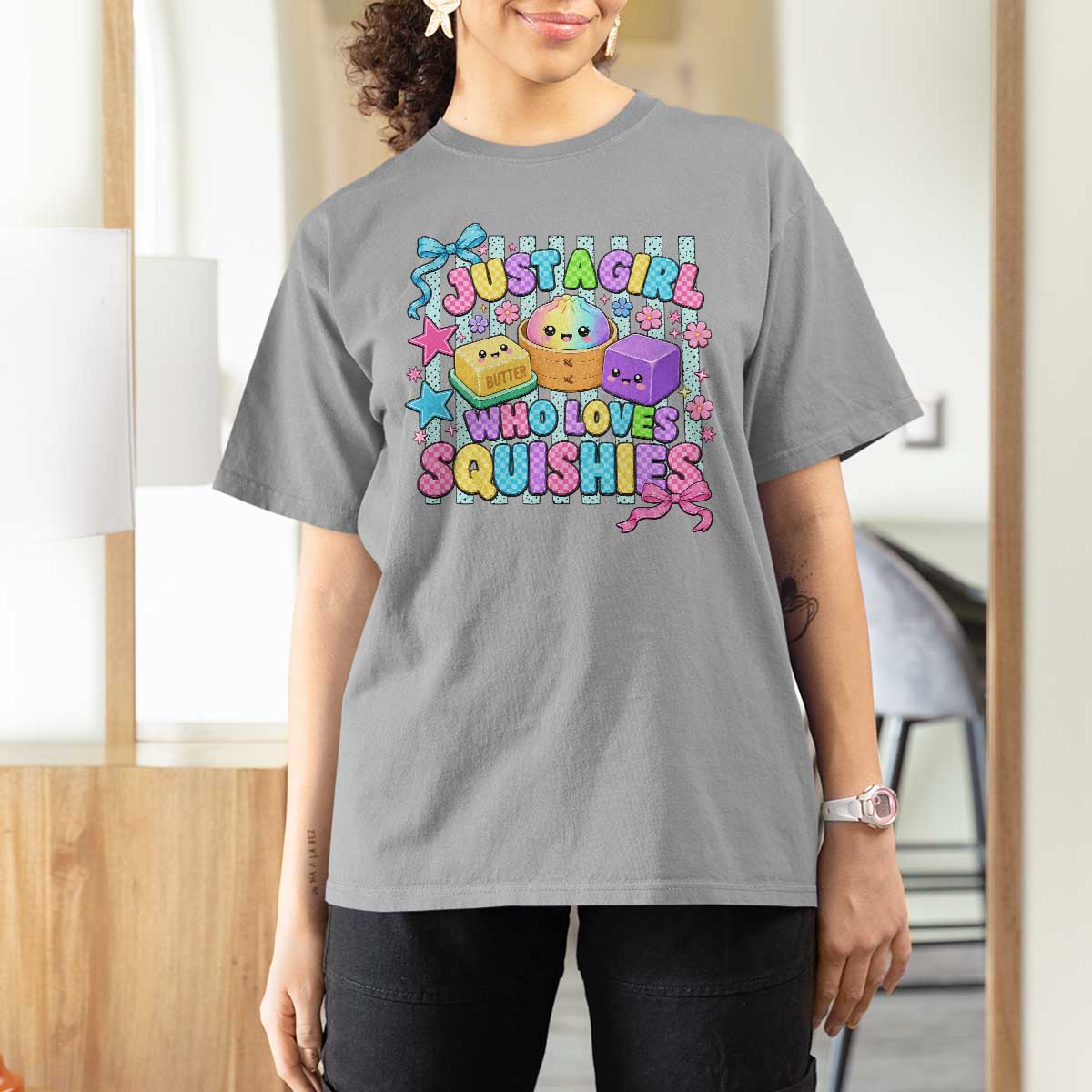 Just A Girl Who Loves Squishies T Shirt For Women Cute Butter Dumpling Graphic Coquette Bow Girls