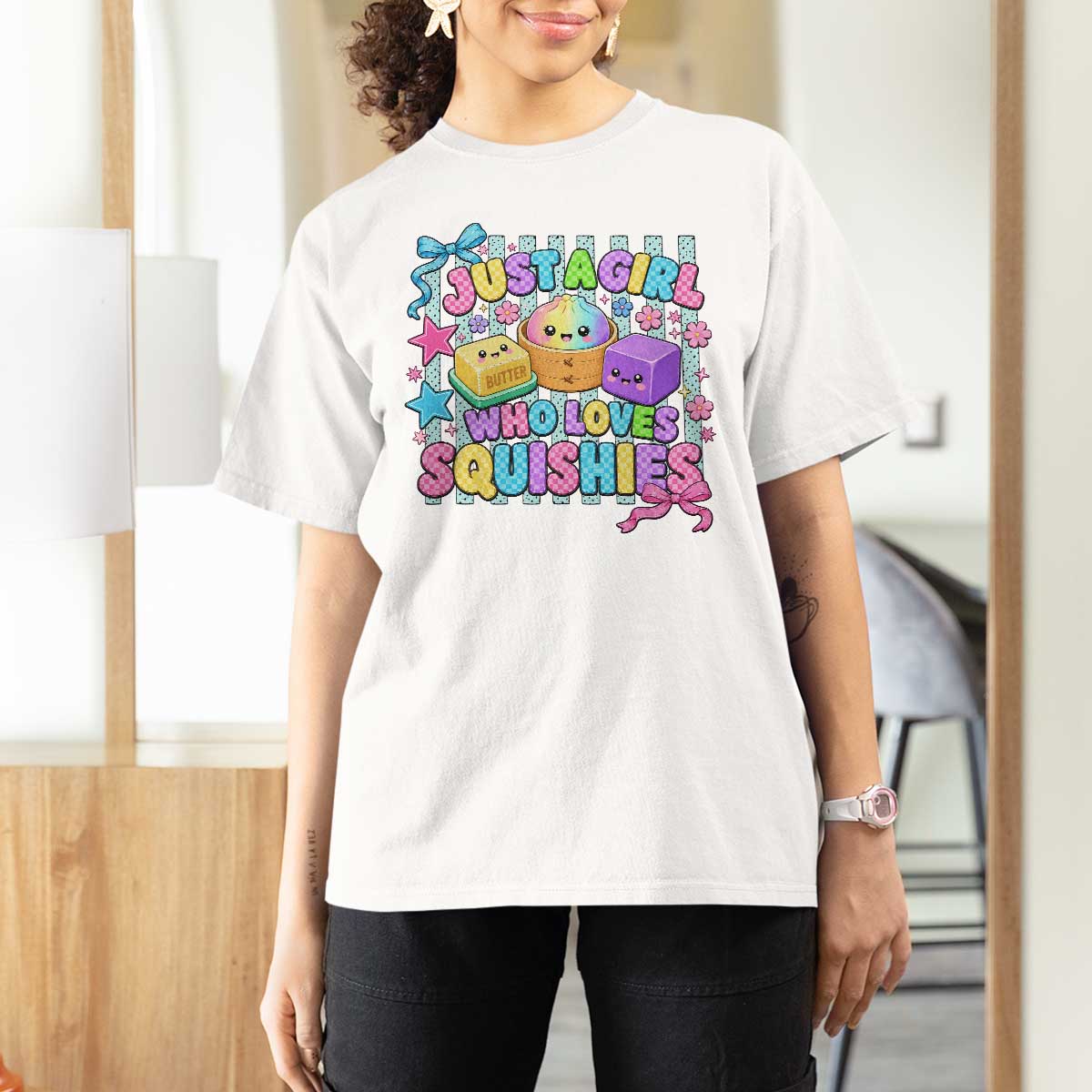 Just A Girl Who Loves Squishies T Shirt For Women Cute Butter Dumpling Graphic Coquette Bow Girls