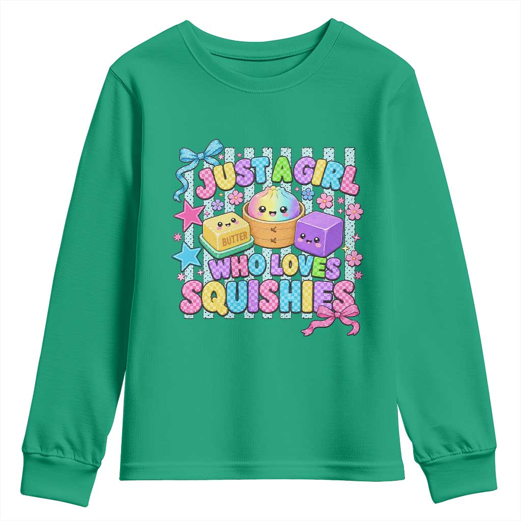Just A Girl Who Loves Squishies Youth Sweatshirt Cute Butter Dumpling Graphic Coquette Bow Girls