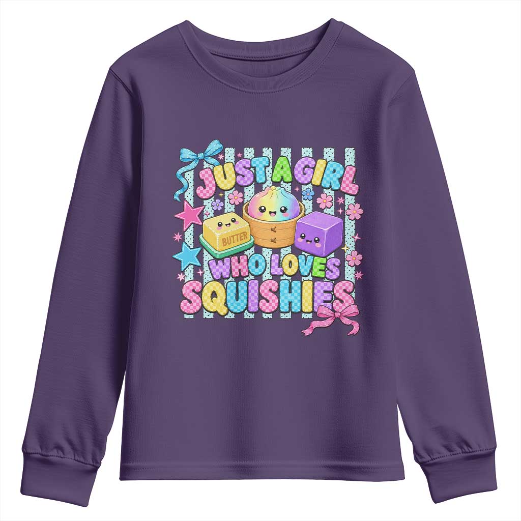 Just A Girl Who Loves Squishies Youth Sweatshirt Cute Butter Dumpling Graphic Coquette Bow Girls