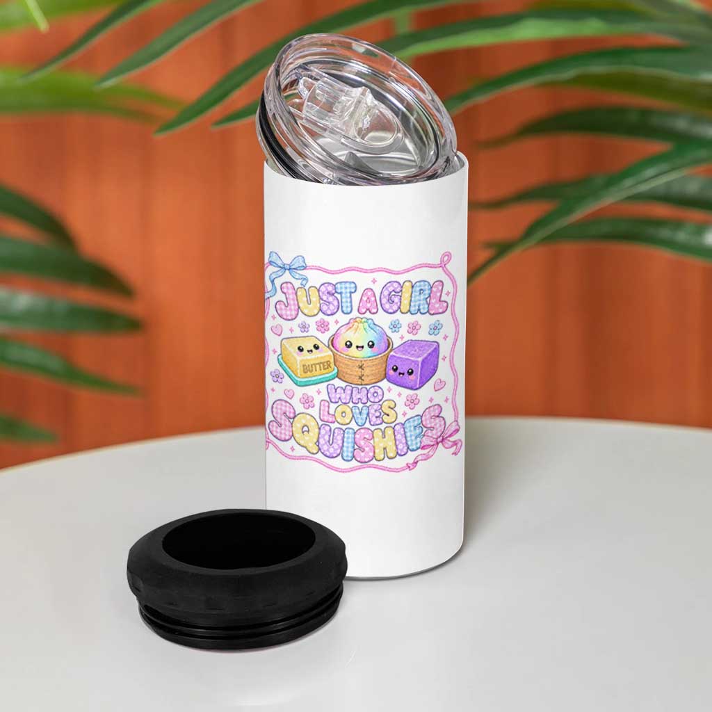 Just A Girl Who Loves Squishies 4 in 1 Can Cooler Tumbler Squishy Lovers Kawaii Dumpling Graphic Coquette Bow Girls