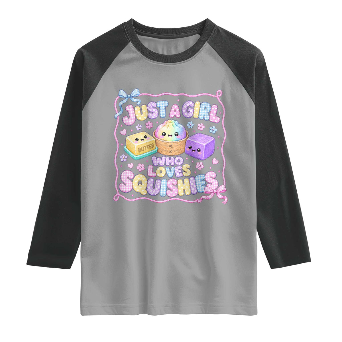 Just A Girl Who Loves Squishies Raglan Shirt Squishy Lovers Kawaii Dumpling Graphic Coquette Bow Girls