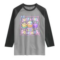 Just A Girl Who Loves Squishies Raglan Shirt Squishy Lovers Kawaii Dumpling Graphic Coquette Bow Girls