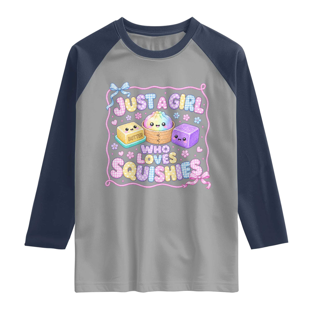 Just A Girl Who Loves Squishies Raglan Shirt Squishy Lovers Kawaii Dumpling Graphic Coquette Bow Girls
