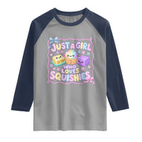 Just A Girl Who Loves Squishies Raglan Shirt Squishy Lovers Kawaii Dumpling Graphic Coquette Bow Girls