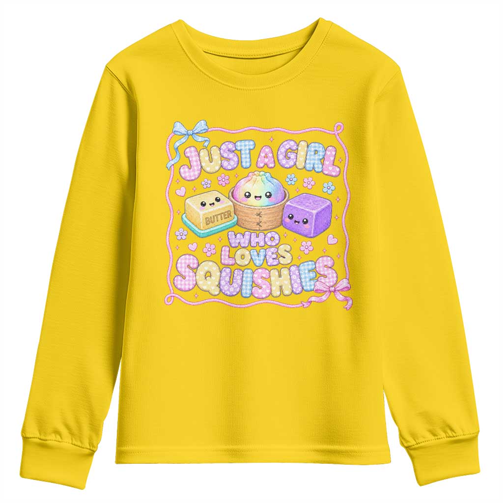 Just A Girl Who Loves Squishies Youth Sweatshirt Squishy Lovers Kawaii Dumpling Graphic Coquette Bow Girls
