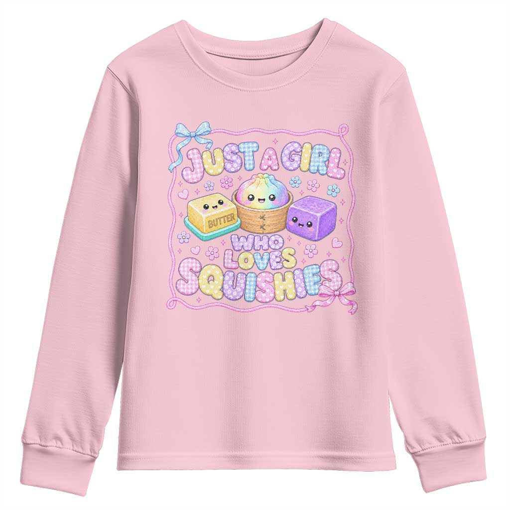 Just A Girl Who Loves Squishies Youth Sweatshirt Squishy Lovers Kawaii Dumpling Graphic Coquette Bow Girls