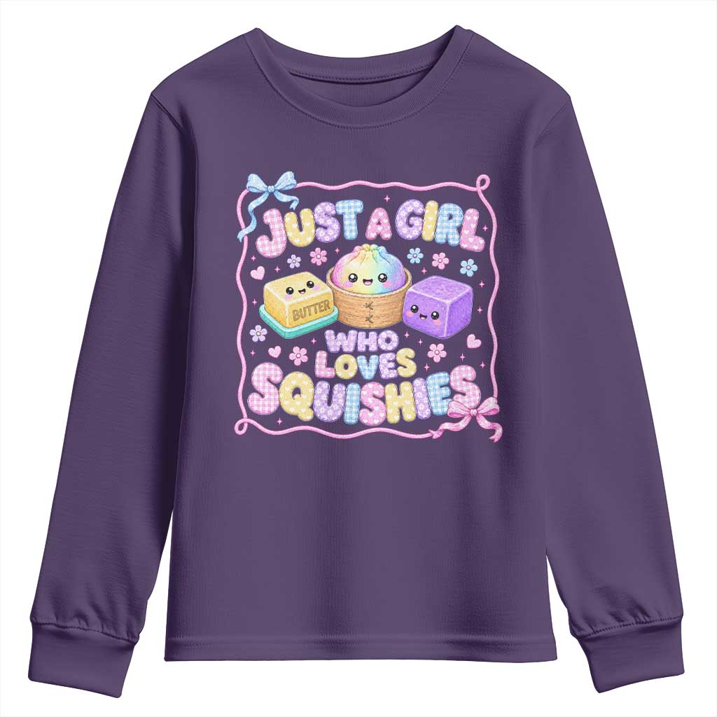 Just A Girl Who Loves Squishies Youth Sweatshirt Squishy Lovers Kawaii Dumpling Graphic Coquette Bow Girls