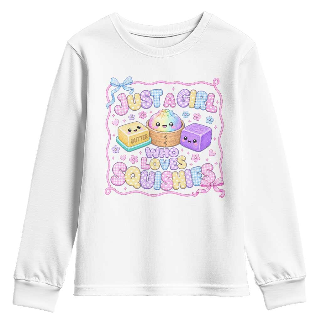 Just A Girl Who Loves Squishies Youth Sweatshirt Squishy Lovers Kawaii Dumpling Graphic Coquette Bow Girls