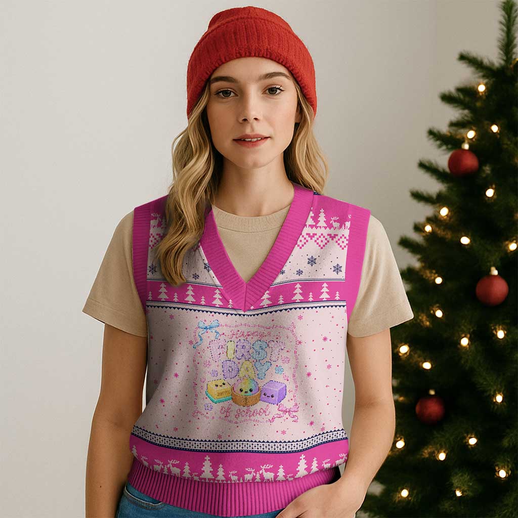 Happy First Day Of School Cute Kawaii Squishy Back To School Graphic V-Neck Knit Sweater Vest