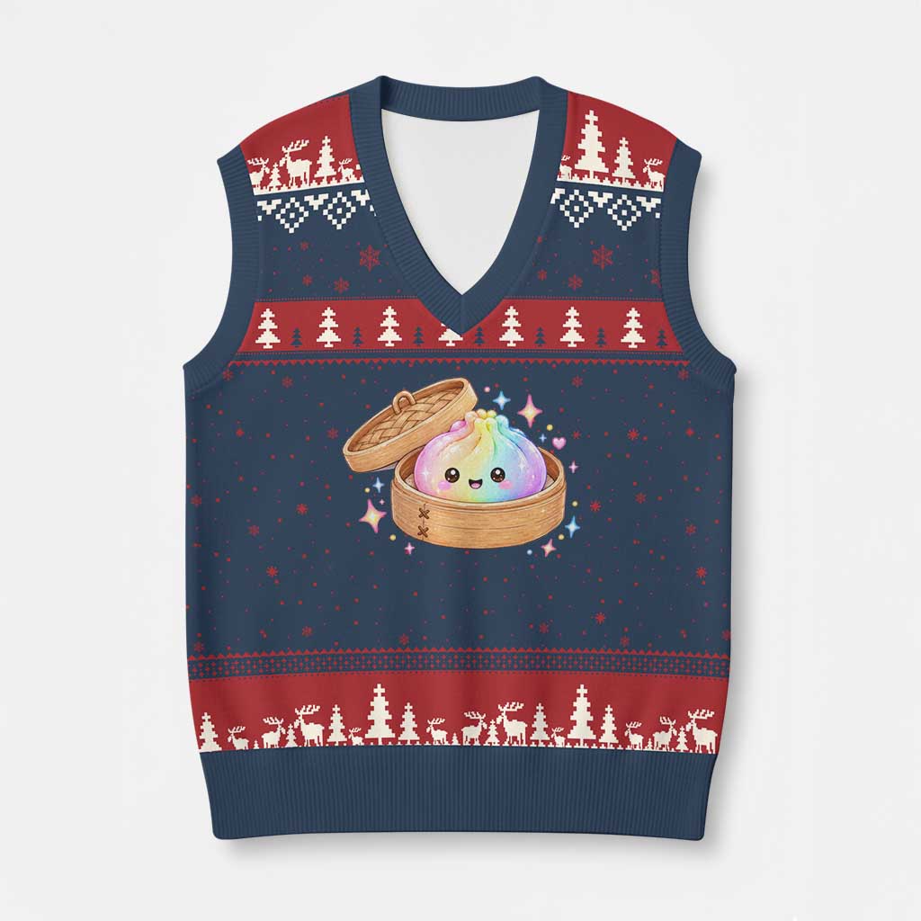 Cute Rainbow Dumpling Squishy V-Neck Knit Sweater Vest Kawaii Graphic
