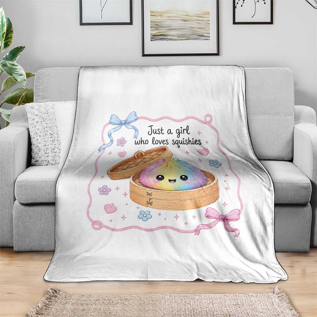 Just A Girl Who Loves Squishies Throw Blanket Cute Dumpling Graphic Coquette Bow Girls