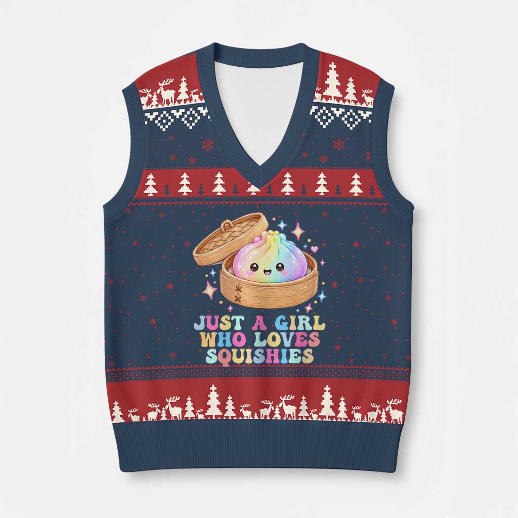 Just A Girl Who Loves Squishies V-Neck Knit Sweater Vest Cute Rainbow Dumpling Squishy Graphic