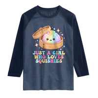 Just A Girl Who Loves Squishies Raglan Shirt Cute Rainbow Dumpling Squishy Graphic