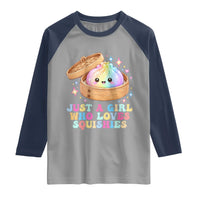 Just A Girl Who Loves Squishies Raglan Shirt Cute Rainbow Dumpling Squishy Graphic
