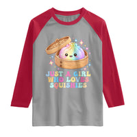 Just A Girl Who Loves Squishies Raglan Shirt Cute Rainbow Dumpling Squishy Graphic