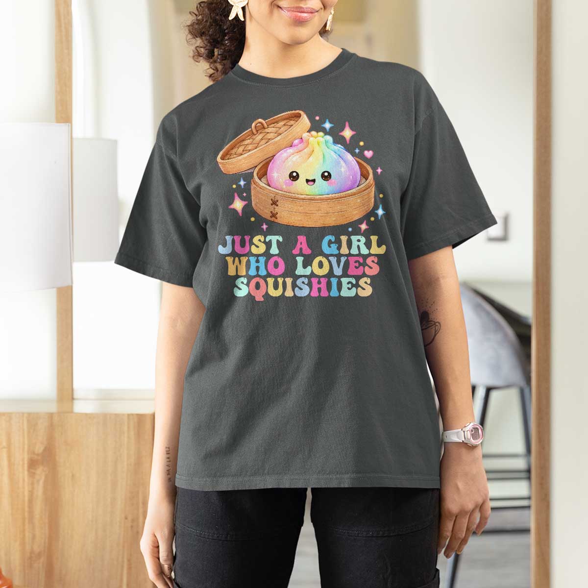 Just A Girl Who Loves Squishies T Shirt For Women Cute Rainbow Dumpling Squishy Graphic