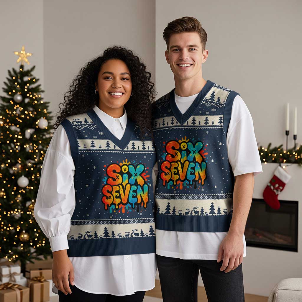 Fun Six Seven Graffiti V-Neck Knit Sweater Vest Funny 67 Meme Gen Alpha Slang Streetwear Hip Hop - Wonder Print Shop