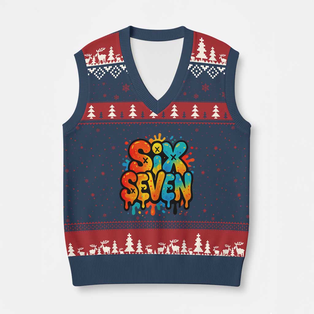 Fun Six Seven Graffiti V-Neck Knit Sweater Vest Funny 67 Meme Gen Alpha Slang Streetwear Hip Hop - Wonder Print Shop