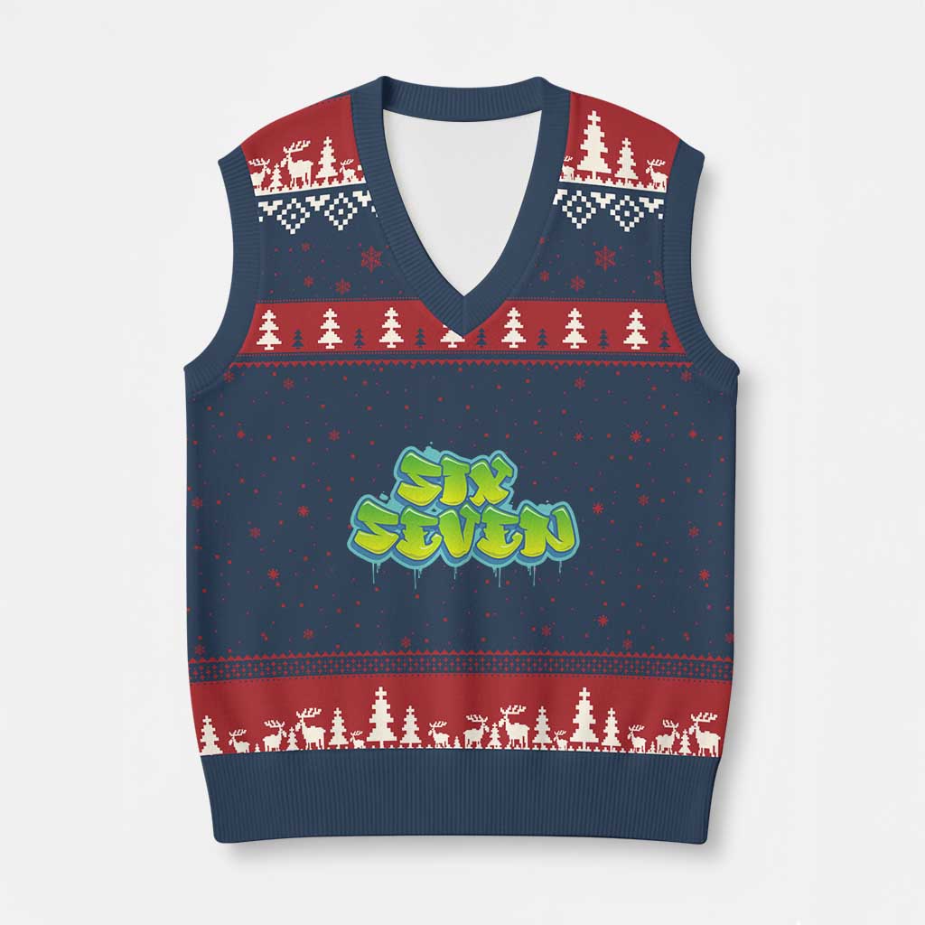 67 Meme V-Neck Knit Sweater Vest Six Seven Funny Gen Alpha Slang Saying - Wonder Print Shop
