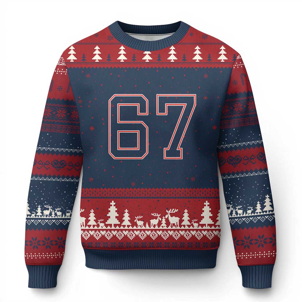 Number 67 Meme Ugly Christmas Sweater Funny Six Seven Varsity Sports Team Jersey - Wonder Print Shop