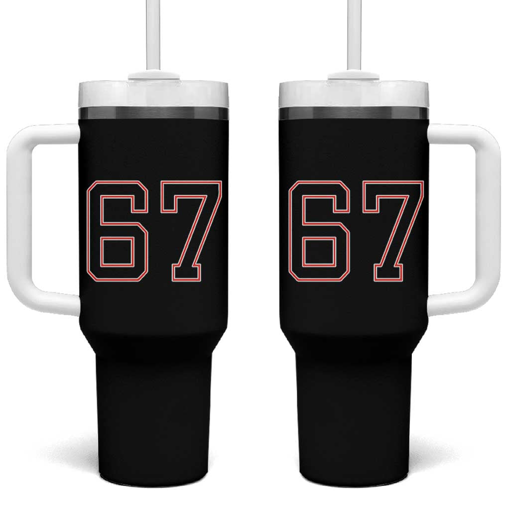 Number 67 Meme Tumbler With Handle Funny Six Seven Varsity Sports Team Jersey - Wonder Print Shop