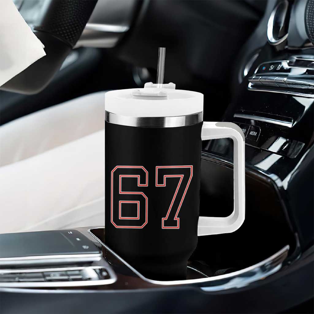 Number 67 Meme Tumbler With Handle Funny Six Seven Varsity Sports Team Jersey - Wonder Print Shop