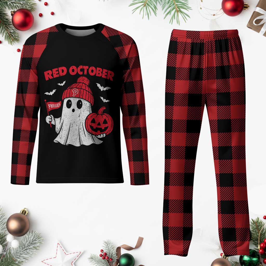 Red October Halloween Ghost Plaid Pajama Set Philadelphia Spooky Pumpkin Baseball Fan - Wonder Print Shop