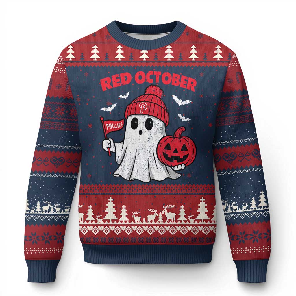 Red October Halloween Ghost Ugly Christmas Sweater Philadelphia Spooky Pumpkin Baseball Fan - Wonder Print Shop