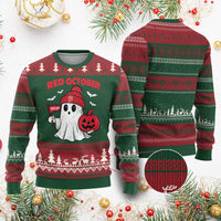 Red October Halloween Ghost Ugly Christmas Sweater Philadelphia Spooky Pumpkin Baseball Fan - Wonder Print Shop