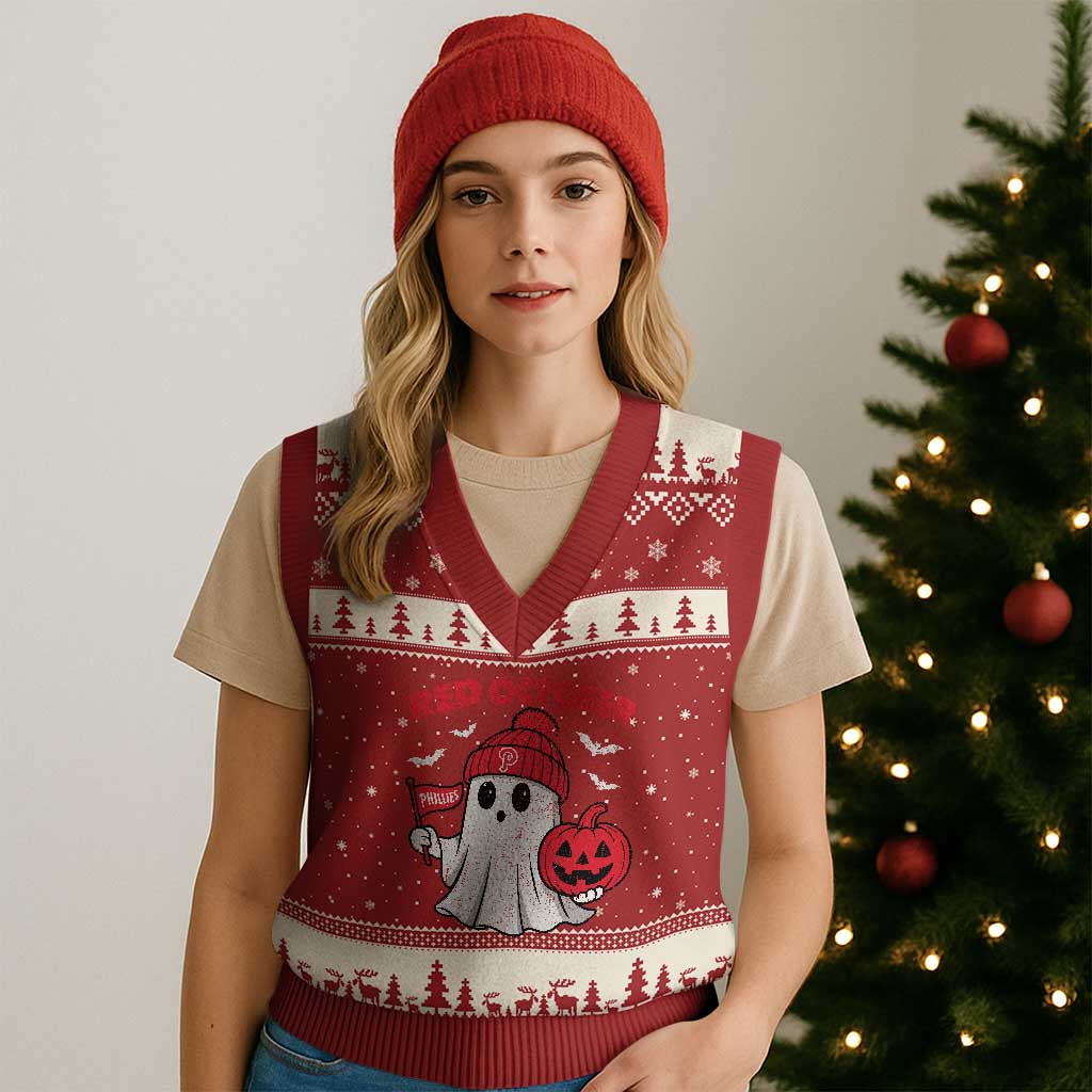 Red October Halloween Ghost V-Neck Knit Sweater Vest Philadelphia Spooky Pumpkin Baseball Fan - Wonder Print Shop